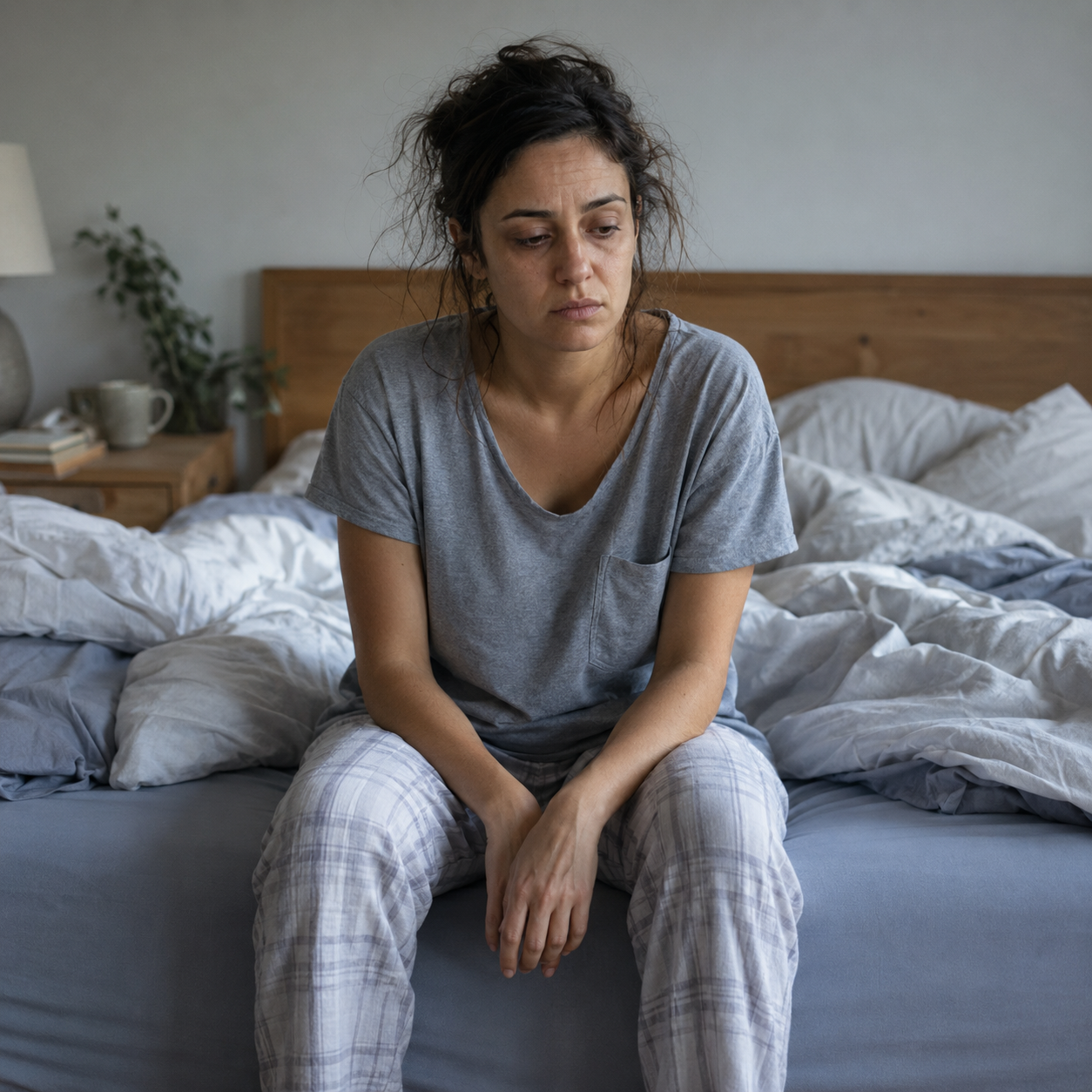 Woman opening bedroom curtains in the morning