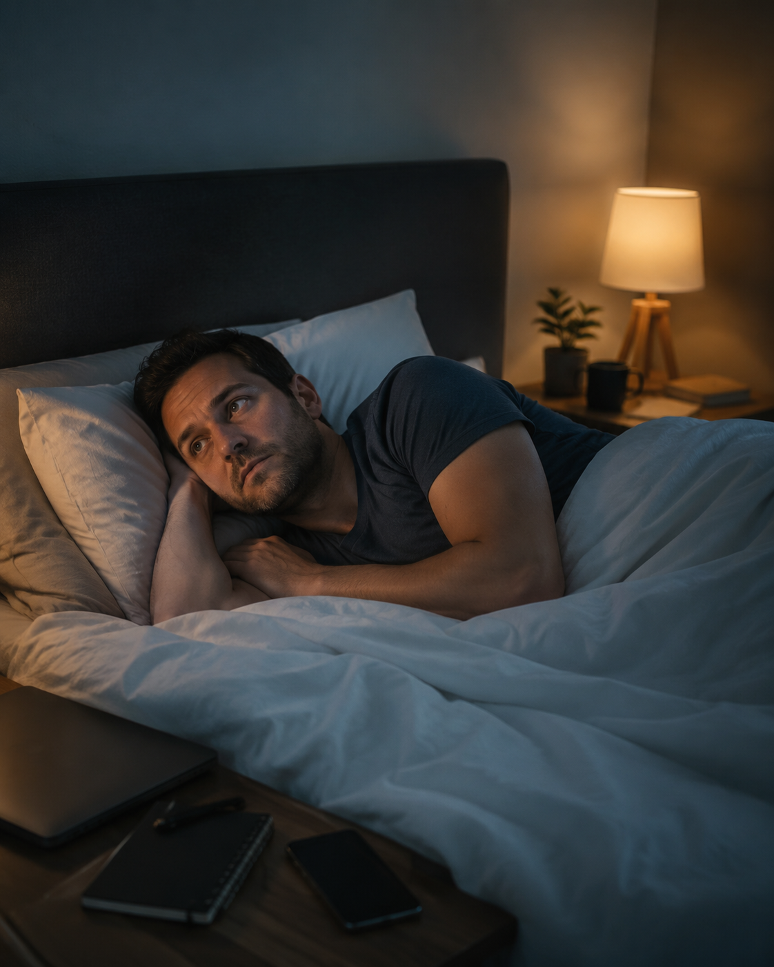 Man lying awake in bed